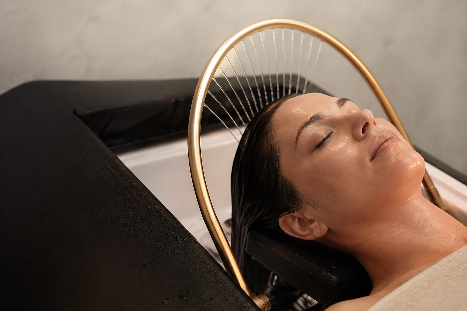 Editorial treatment illustration of a warm-water scalp rinse, based on the studio’s gold water arch, white basin and black leather bed.
